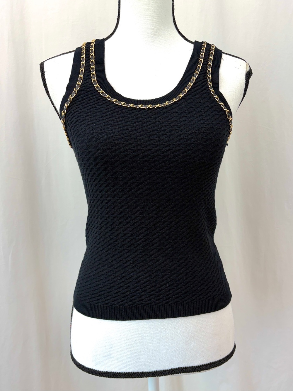 LC Lizette Collection NWT Black Gold Chain-Trim Knit Viscose Tank Top Medium